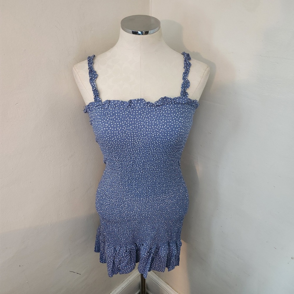 ONE ❤️ CLOTHING Blue White Polka Dot Smocked‎ Ruffle Mini Dress